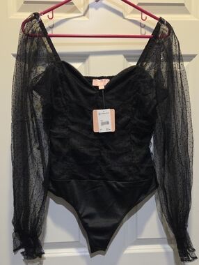 Charmed Hearts Black Velvet & Sheer Puff-Sleeve Bodysuit